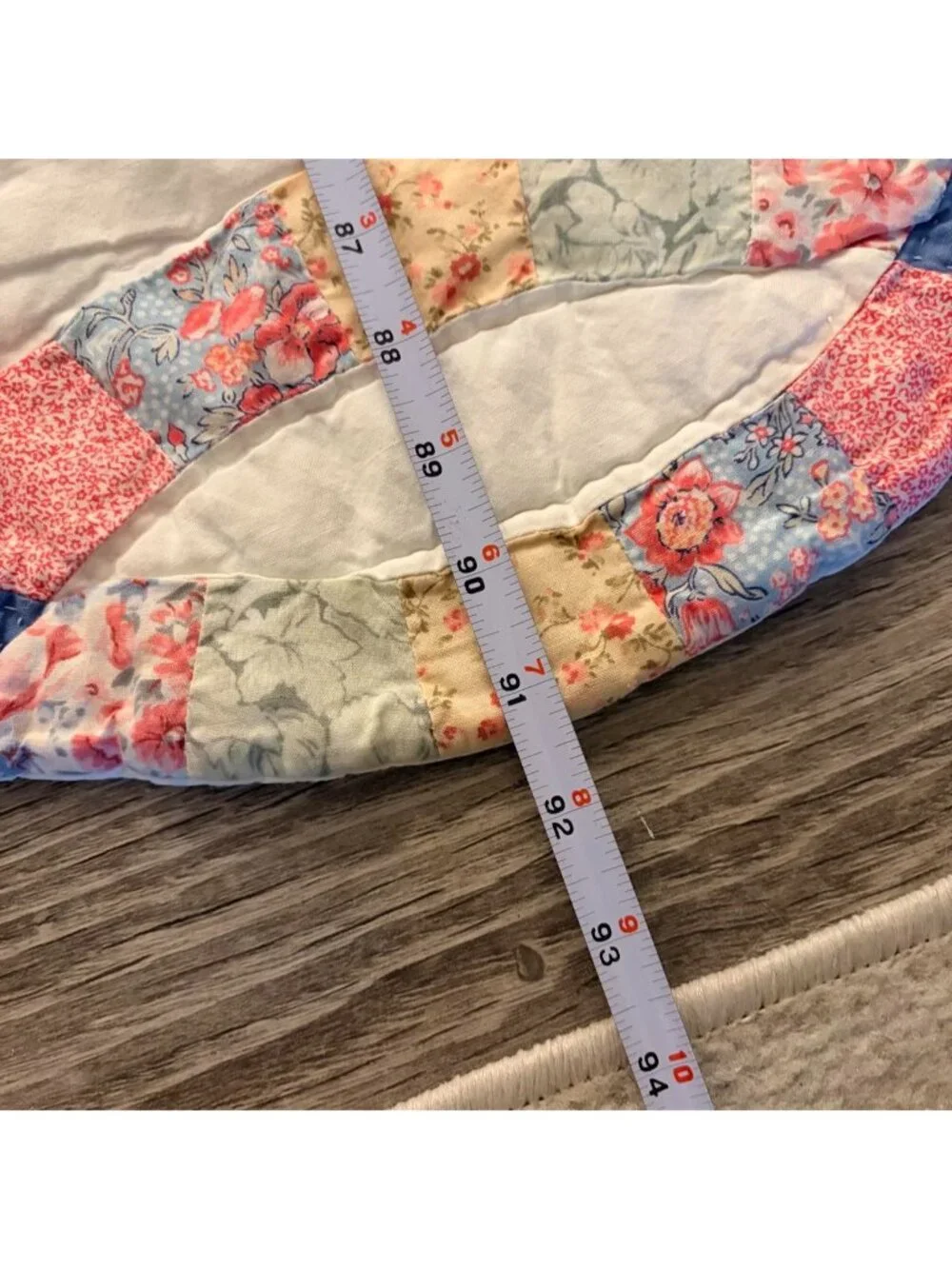Vintage handmade pastel floral pink and blue wedding ring quilt blanket